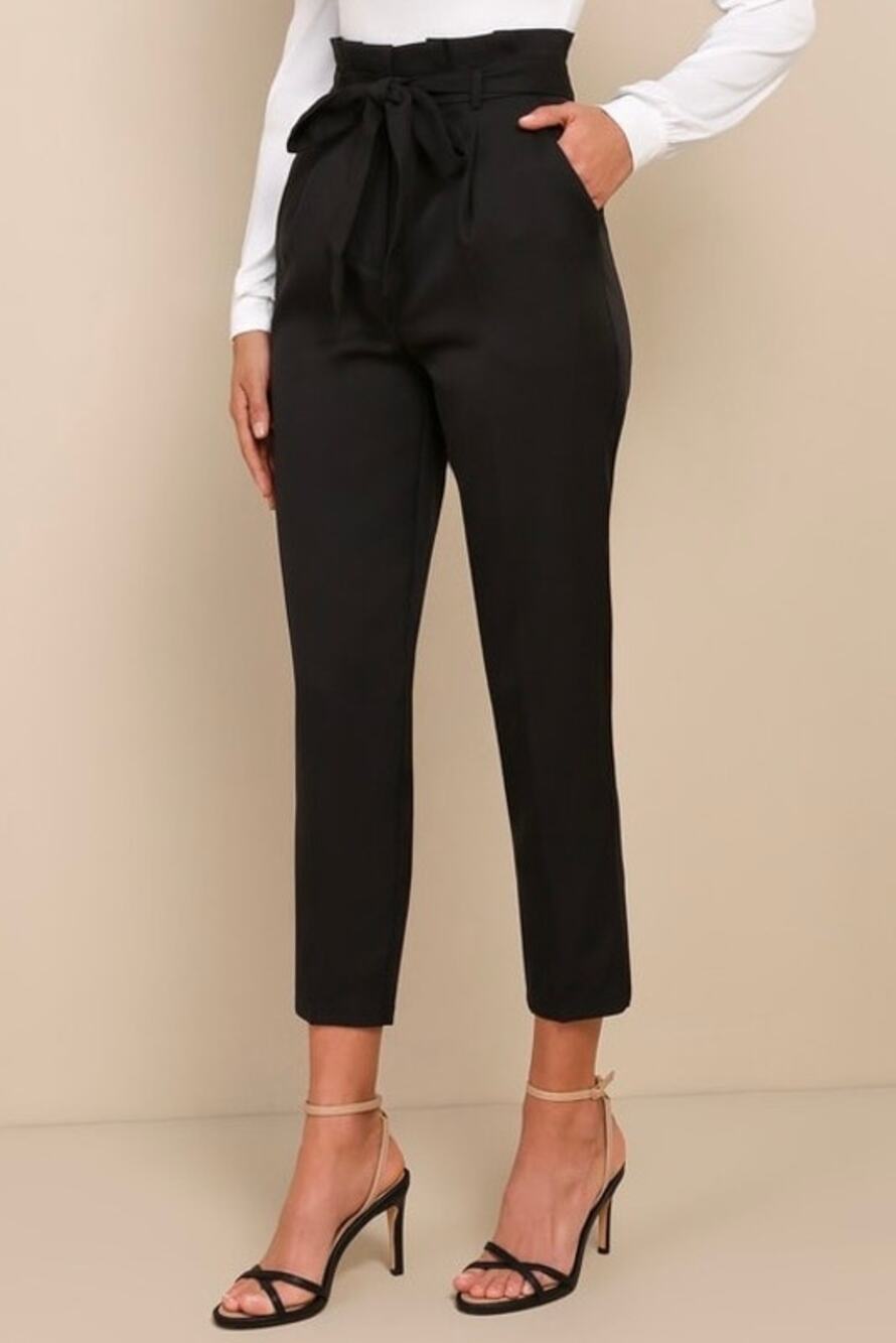 Black High Waist Paperbag Cropped Pants-Front Pockets Skinny Trousers Size Small
